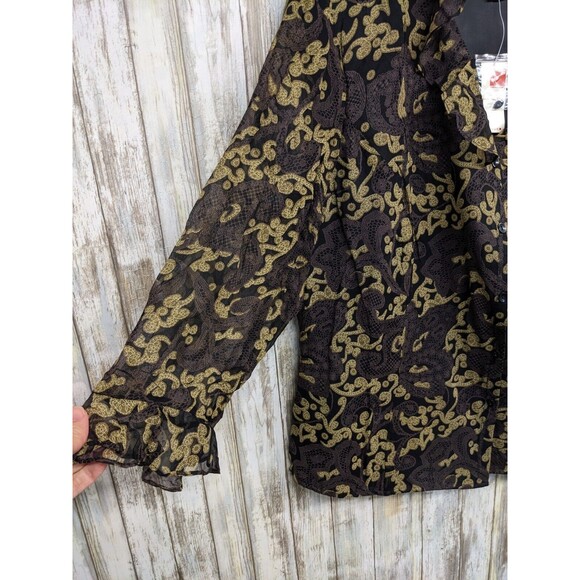 Avenue Paisley Semi-Sheer 3/4 Sleeve Silk Button Up Ruffle Blouse 14/16 NWT - Picture 2 of 11